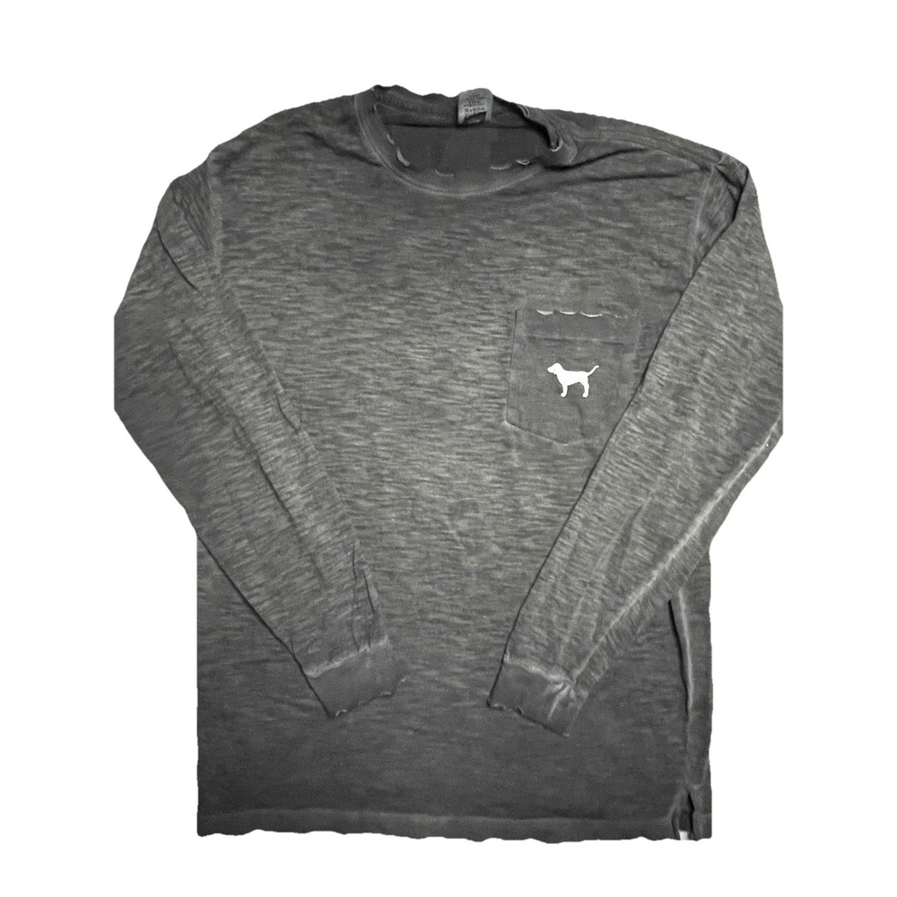 PINK Victoria's Secret Gray Distressed Long Sleeve Pocket Dog Graphic Tee Small